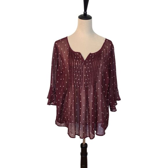 Torrid Burgundy Pintuck Chiffon semi-sheer Star Dot Blouse Sz L Coquette Flirty - Picture 1 of 16